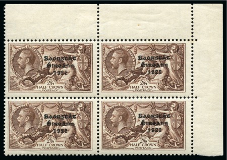 Stamp of Ireland » 1935 Re-Engraved Overprints (T75-T77) 2s6d chocolate, mint nh, top right corner sheet marginal block of four