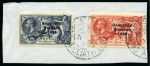 Stamp of Ireland » 1935 Re-Engraved Overprints (T75-T77) 2s6d chocolate, 5s red and 10s indigo, complete set used on two pieces