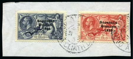 Stamp of Ireland » 1935 Re-Engraved Overprints (T75-T77) 2s6d chocolate, 5s red and 10s indigo, complete set used on two pieces