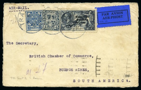 Stamp of Ireland » 1935 Re-Engraved Overprints (T75-T77) 10s indigo, neatly tied on airmail cover front to Buenos Aires
