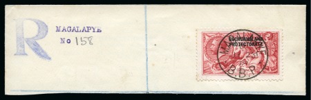Stamp of Bechuanaland » British Bechuanaland 1914-15 Waterlow 2s6d deep sepia-brown & 5s rose-carmine both tied on registered envelope fragments by MAGALAPYE cds