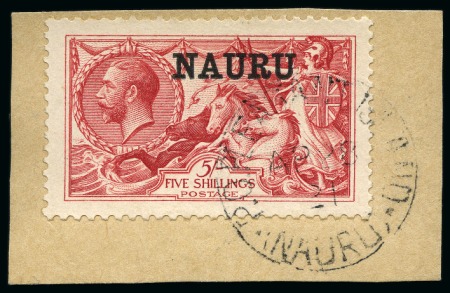 Stamp of Nauru 1916-23 Waterlow 5s rose-carmine, used on fragment tied by "PO PLEASANT ISLAND/NAURU" cds