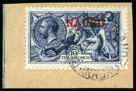 Stamp of Nauru 1916-23 Waterlow 10s indigo-blue, used on fragment