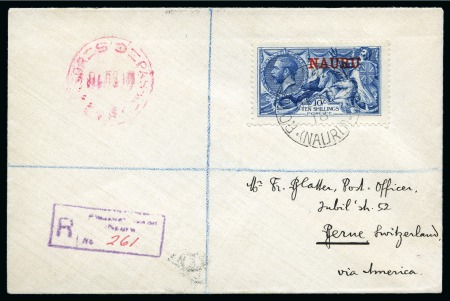 Stamp of Nauru 1916-23 De La Rue 10s deep bright blue, single neatly tied on registered cover to Switzerland