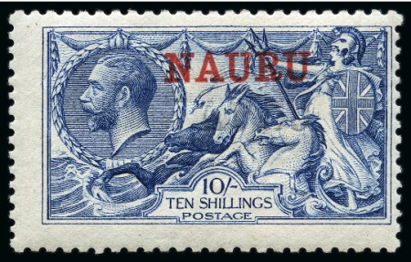 Stamp of Nauru 1916-23 De La Rue 10s pale blue, mint single, showing TRIPLE OVERPRINT, BLACK, RED AND ALBINO