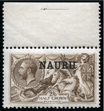 Stamp of Nauru 1916-23 Bradbury 2s6d chocolate-brown, mint nh top marginal single, showing DOUBLE OVERPRINT, ONE ALBINO