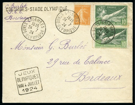 Stamp of Olympics » 1924 Paris » Covers and Cancellations DURING THE GAMES: 1924 (Jul 24) Envelope with two Olympics 10c and Semeuse 5c tied by "COLOMBES / STADE OLYMPIQUE" cds