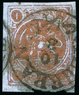 Stamp of Persia » 1868-1879 Nasr ed-Din Shah Lion Issues » 1878-79 Re-engraved (SG 37-39) (Persiphila 26-28)  1878-79 One Toman bronze red on blue pelure paper, type A, used