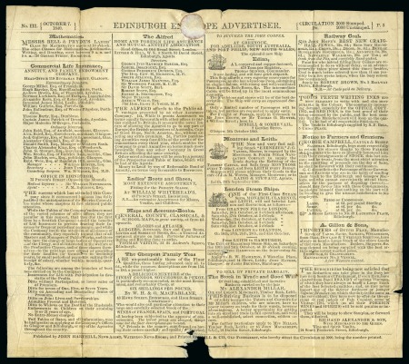 Stamp of Great Britain » 1840 Mulreadys & Caricatures 1840 (Nov 24) 1d Mulready wrapper, stereo A30, with Edinburgh Envelope Advertiser inside