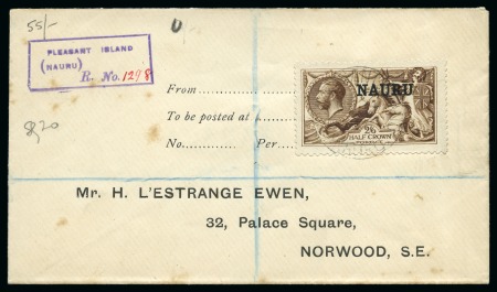 Stamp of Nauru 1916-23 De La Rue 2s6d deep brown tied to 1920 (Mar 24) envelope by Pleasant Island cds