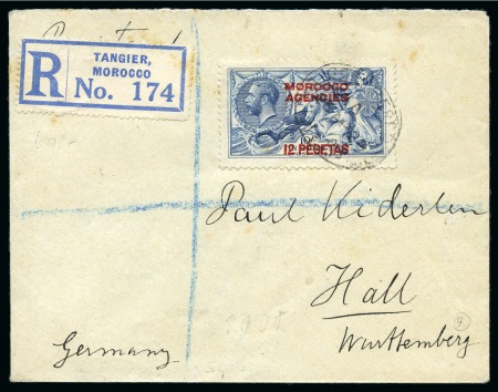 Stamp of Morocco Agencies (British Post Offices) 1914-26 Spanish Currency De La Rue 12p on 10s tied to 1925 (Apr 28) envelope sent registered to Germany