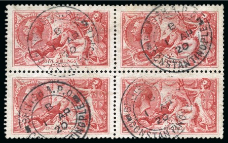 Stamp of British Levant  1919-20, GB Seahorses 5s rose-carmine block of four and 10s dull grey-blue vertical pair used abroad in Constantinople