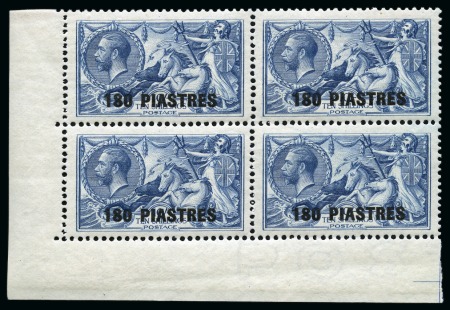 Stamp of British Levant  1921 Bradbury Wilkinson 90pi on 5s and 180pi on 10s in matching mint nh lower left corner marginal blocks of four