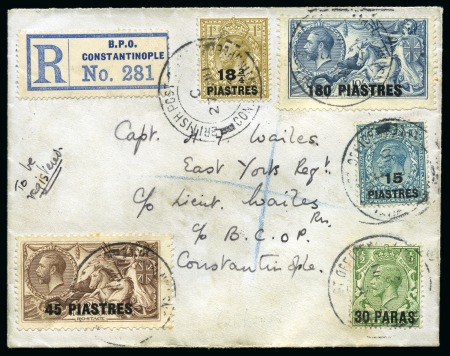 Stamp of British Levant  1921 Bradbury Wilkinson 45pi on 2s6d, 90pi on 5s and 180pi on 10s on a pair of covers