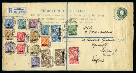Stamp of British Levant  1921 Bradbury Wilkinson 45pi on 2s6d, 90pi on 5s and 180pi on 10s on a large 2d+2d registered envelope