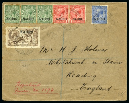 Stamp of Nauru 1916-23 De La Rue 2s6d brown, tied to 1916 (Oct 7) envelope sent registered to England