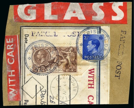 Stamp of Great Britain » King George V » 1913-19 Seahorse Issues 1918-19 Bradbury Wilkinson 2s6d chocolate brown tied to parcel piece by TRISTAN DA CUNHA cachet