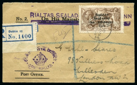 Stamp of Ireland » 1922 (Feb) Dollard Overprints (T1-T14) 1922 Dollard 2s6d on two covers; incl. 1922 (Oct 27) OHMS Post Office envelope with single 2s6d tied by Dublin cds