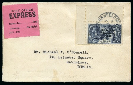 Stamp of Ireland » 1935 Re-Engraved Overprints (T75-T77) 1935 Re-engraved 10s indigo top left corner marginal on cover sent Express