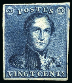 Stamp of Belgium » Belgique. 1849 Epaulettes - Réimpressions Réimpression de 1866 du 20 centimes bleu foncé sur papier épais uni