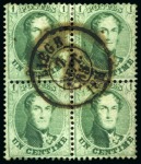Stamp of Belgium » Belgique. 1863 Médaillons dentelés 12 1/2 : 13 1/2 1c Vert-jaune, en bloc de quatre, oblitération centrale double-cercle LIÈGE