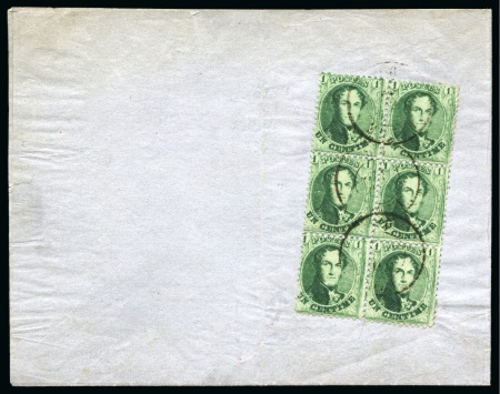 Stamp of Belgium » Belgique. 1863 Médaillons dentelés 12 1/2 : 13 1/2 1c Vert-jaune, en bloc de six vertical, oblitération de Liège du 10 juillet 1865 sur imprimé polycopié