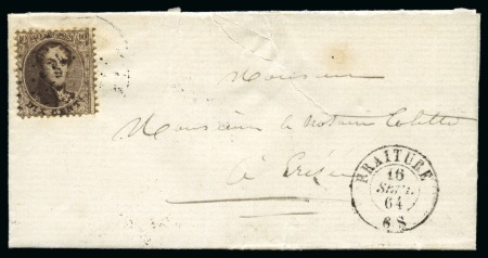 Stamp of Belgium » Belgique. 1863 Médaillons dentelés 12 1/2 : 13 1/2 10c Brun foncé, oblitération losange de points 134 de Fraiture sur petite enveloppe