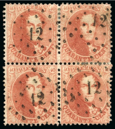 Stamp of Belgium » Belgique. 1863 Médaillons dentelés 12 1/2 : 13 1/2 40c Carmin-rose, bloc de quatre, oblitération losange de points 12 d'Anvers