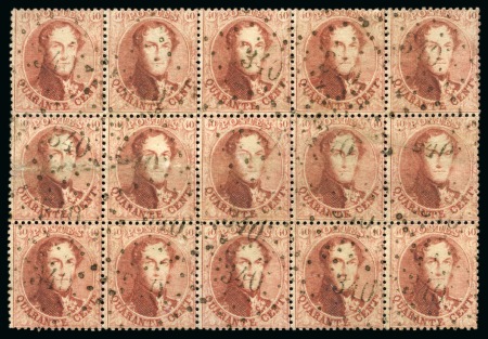 Stamp of Belgium » Belgique. 1863 Médaillons dentelés 14 1/2 UN DES PLUS GRANDS MULTIPLES CONNUS: 40c Carmin-rose en BLOC DE QUINZE, oblitération losange de points de la perception 340