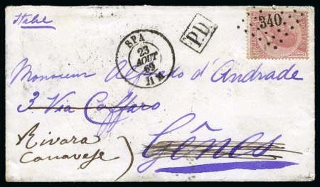 Stamp of Belgium » Belgique. Léopold 1er - Nouveau Type (COB 17-21) 40c rose pâle sur lettre de Spa 23.08.69 pour Gênes et réexpédiée