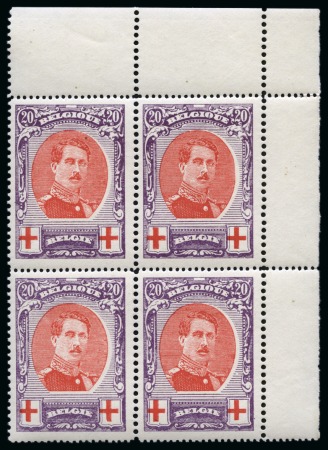 Stamp of Belgium » General issues from 1894 onwards 1915 Croix-Rouge 20c+20c violet, dentelé 14x12, en bloc de quatre avec coin de feuille, neuf avec gomme intacte