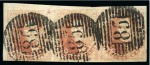 Stamp of Belgium » Belgique. 1851 Médaillons (filigrane sans cadre) - Émission 40c Rouge-brique, papier épais, en bande de trois, belle oblitération de la perception 85 de Namur