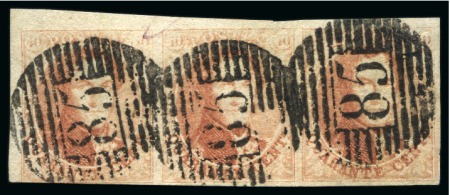 Stamp of Belgium » Belgique. 1851 Médaillons (filigrane sans cadre) - Émission 40c Rouge-brique, papier épais, en bande de trois, belle oblitération de la perception 85 de Namur