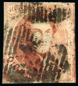 Stamp of Belgium » Belgique. 1858 Médaillons arrondis - Émission 40c Vermillon, variété "CLOU" bien dégagée, oblitéré