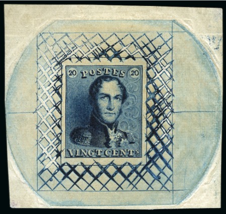Stamp of Belgium » Belgique. 1849 Epaulettes - Réimpressions Réimpression de 1882 du coin du 20 centimes en bleu verdâtre sur feuillet avec guillochis