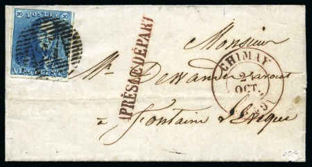 Stamp of Belgium » Belgique. 1849 Epaulettes - Émission 20c Bleu, bien à très bien margé avec filet du voisin à droite, oblitération de la perception 27 sur lettre de Chimay