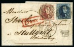 Stamp of Belgium » Belgique. 1851 Médaillons (filigrane sans cadre) - Émission 40c Carmin et 20c Bleu, oblitération de la perception 24 sur lettre de Bruxelles pour Stuttgart en Allemagne