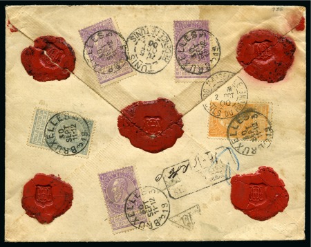 Stamp of Belgium » Belgique. 1893-1900 Armoiries du Royaume et Léopold II fine barbe - Émission 2F lilas (3 exemplaires) ainsi qu'un 1F et un 50c affranchissant une enveloppe assurée et pesante (34 grammes) pour Tunis
