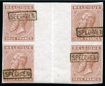 Stamp of Belgium » Belgique. 1883 Nouvelles valeurs - Émission NON-ÉMIS 2F brun en bloc de quatre interpanneau, surcharge encadré SPECIMEN en noir