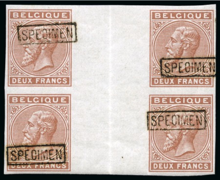 Stamp of Belgium » Belgique. 1883 Nouvelles valeurs - Émission NON-ÉMIS 2F brun en bloc de quatre interpanneau, surcharge encadré SPECIMEN en noir