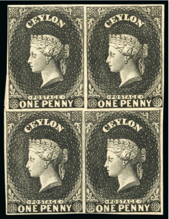 Stamp of Ceylon 1857-59 1d Imperforate plate proof in black on wove paper in block of 4