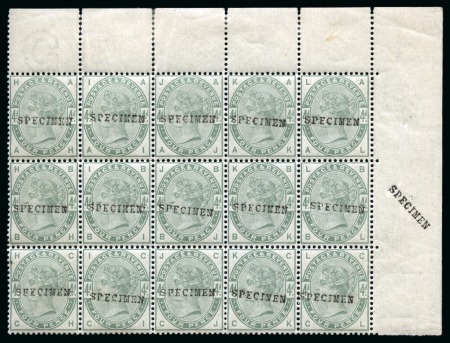Stamp of Great Britain » 1855-1900 Surface Printed » 1883-84 Lilac & Green Issue 1883-84 4d Dull Green "SPECIMEN" type 9 in mint top right corner marginal block of fifteen