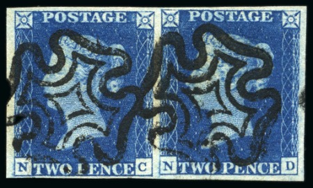 Stamp of Great Britain » 1840 2d Blue (ordered by plate number) 1840 2d Deep Blue pl.2 NC-ND pair with good to large margins, used