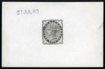 Stamp of Great Britain » 1855-1900 Surface Printed » 1880-81 Provisional Issue and 1881 1d Lilac 1880 1 1/2d De La Rue die proof in black on white glazed card