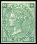 Stamp of Great Britain » 1855-1900 Surface Printed » 1865-67 Large Uncoloured Corner Letters, Wmk Large Garter & Emblems 1865-67 Wmk Emblems 1s Green pl.4 BG imperforate imprimatur