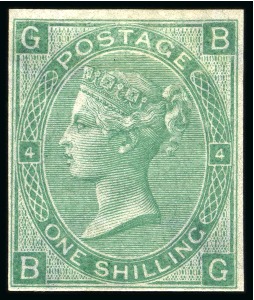 Stamp of Great Britain » 1855-1900 Surface Printed » 1865-67 Large Uncoloured Corner Letters, Wmk Large Garter & Emblems 1865-67 Wmk Emblems 1s Green pl.4 BG imperforate imprimatur