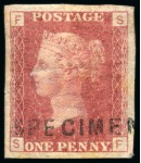 Stamp of Great Britain » 1854-70 Perforated Line Engraved 1868 1d Rose-Red pl.121 SF imperforate with "SPECIMEN" type 2 overprint
