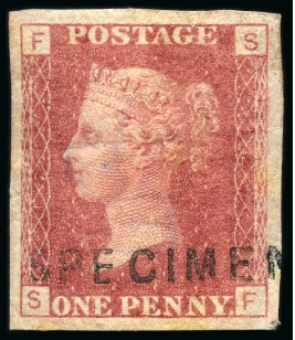 Stamp of Great Britain » 1854-70 Perforated Line Engraved 1868 1d Rose-Red pl.121 SF imperforate with "SPECIMEN" type 2 overprint