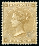 Stamp of Great Britain » 1855-1900 Surface Printed » 1862-64 Small Uncoloured Corner Letters 1862-64 9d Bistre pl.2 mint og, exceptionally well centred