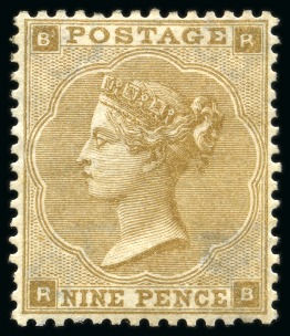 Stamp of Great Britain » 1855-1900 Surface Printed » 1862-64 Small Uncoloured Corner Letters 1862-64 9d Bistre pl.2 mint og, exceptionally well centred